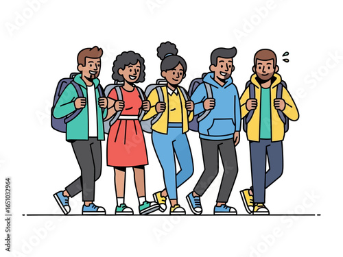 Group of Backpackers on the go: A lively group of diverse individuals embark on an exciting adventure together.