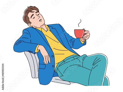Tired man relaxing with a warm drink: A fatigued man slumps back on a seat, clutching a hot drink, steam rising into the air, indicating a moment of tranquil relaxation and respite.