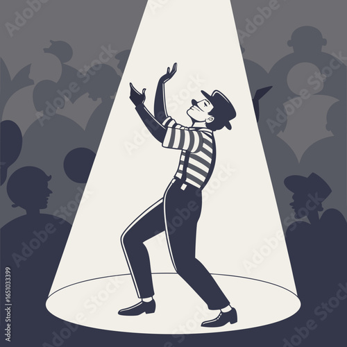 Mime Artist Performing on Stage in Spotlight for an Audience