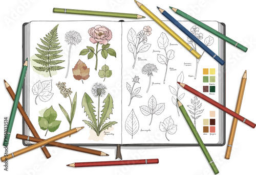 Botanical sketchbook with colored pencils, featuring detailed drawings of leaves and flowers.