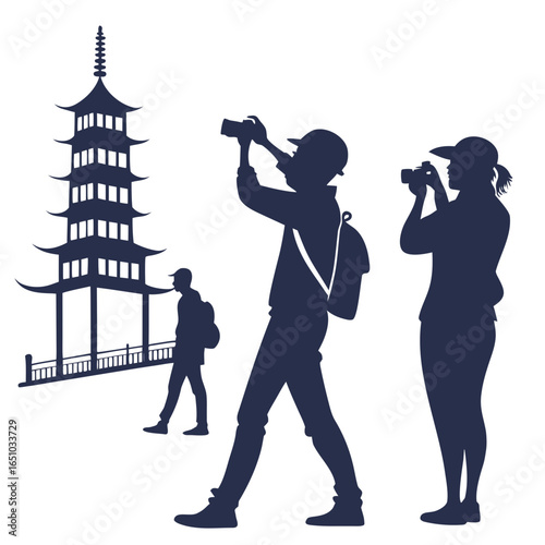 Silhouette of Tourists Photographing a Pagoda on Vacation