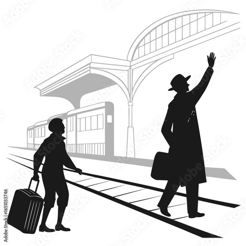 Silhouette of men at train station with luggage and waving goodbye