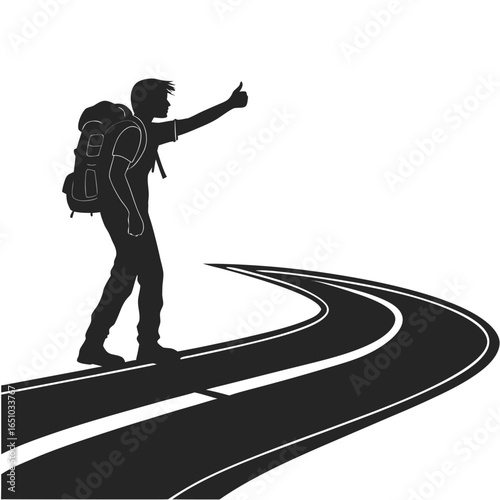 Hitchhiker on the Road Silhouette with Backpack and Thumb Up Gesture