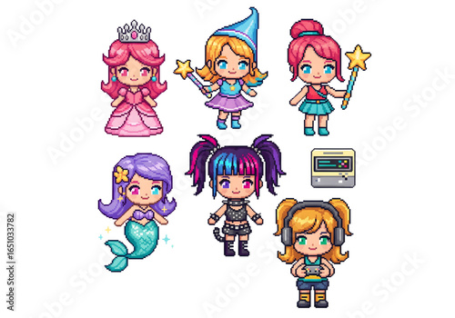 8 bit girls and animals PNG on transparent background 