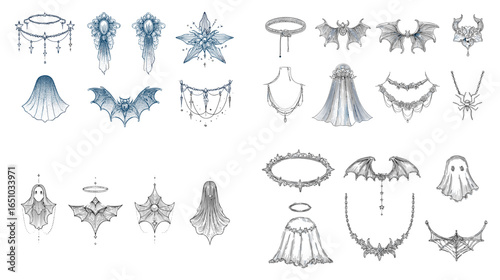 Fantasy accessory design collection featuring angelic halos, bat wings, gothic jewelry, and mystical ornaments. Perfect for character design, costume, and concept art.