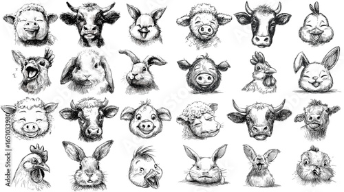 Hand-drawn animal faces illustration set featuring cows, pigs, rabbits, sheep, and chickens. Cute sketch-style farm animals for children’s books, clipart, and prints.