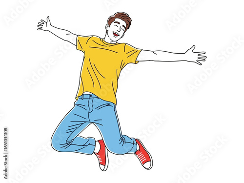 Joyful Leap: A vibrant, energetic young man leaps into the air with arms outstretched, celebrating freedom, happiness, and the exuberance of youth. capturing moments of unrestrained joy and vivacity.