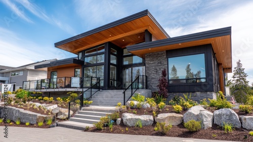 Modern architectural home with landscaped garden and stone pathway under a clear blue sky