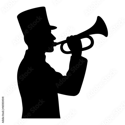 Vector silhouette of a man in a top hat playing a bugle against a white background