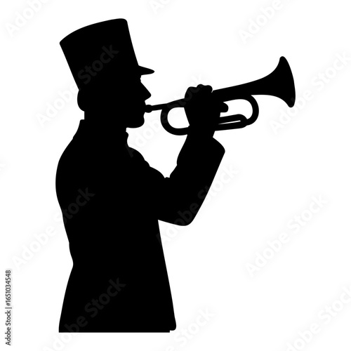 Vector silhouette of a man in a top hat playing a trumpet against a white background