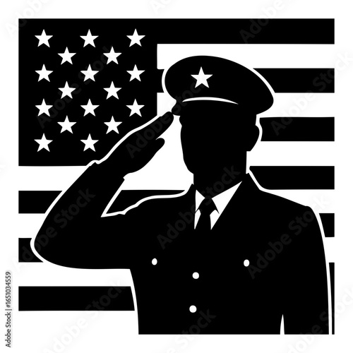 Vector silhouette of a military officer saluting against the american flag backdrop