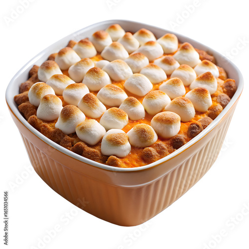 A sweet potato casserole with toasted marshmallows isolated on transparent background, a classic thanksgiving dessert for a festive holiday meal