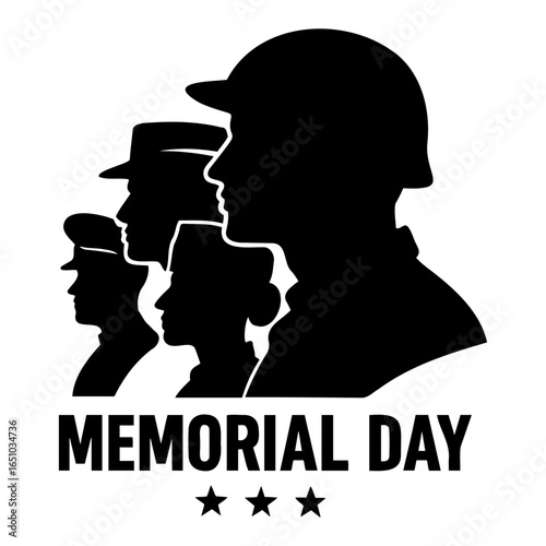 Vector silhouettes of military personnel in memorial day tribute with three stars