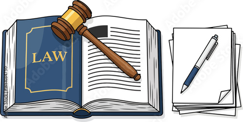 Law book with gavel, pen and paper, representing legal concepts and justice.