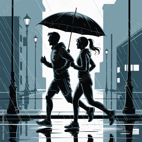 Stylized silhouettes of two joggers under an umbrella in rainy cityscape, reflecting resilience, motion, and active lifestyle in adversity
