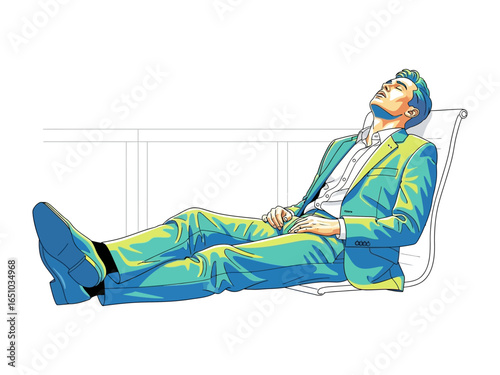 Relaxed Professional in a moment of tranquility: An elegant professional man, dressed in a stylish suit, relaxes in a chair. He looks up toward the sky with a sense of calm.