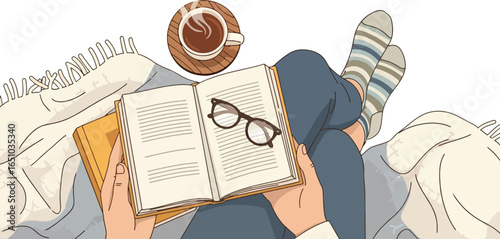 Illustration of a person reading a book with coffee and glasses in a cozy setting.