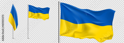 Set of realistic Ukrainian flags. Flags of Ukraine isolated on checkered background. Templates of flags for decoration Ukrainian events. White, blue and red symbols of Ukrainie. Vector illustration.