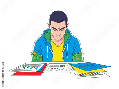 Focused Analysis: A young professional, deeply engrossed in analytical reports, highlighting the dedication of analyzing data.