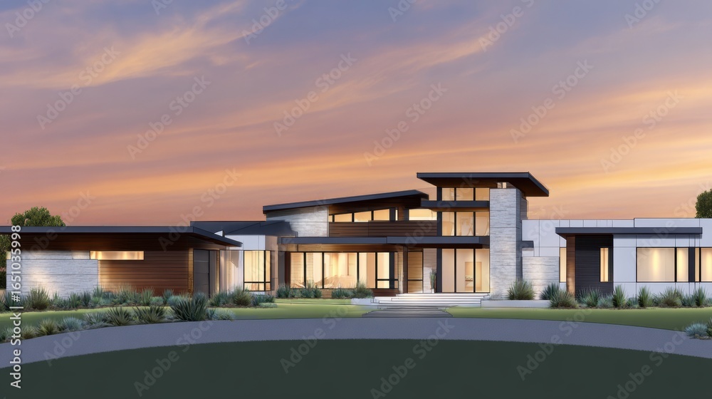 Fototapeta premium Modern architectural design of a stunning house at sunset, showcasing elegant features and landscaping