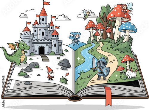 Open book illustration depicting a fantasy world with a castle, dragon, fairy, knight, and other magical creatures.