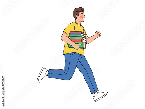 Running to Knowledge: An illustration capturing a student swiftly moving with a stack of books, symbolizing the pursuit of knowledge and education in a clean, modern style.