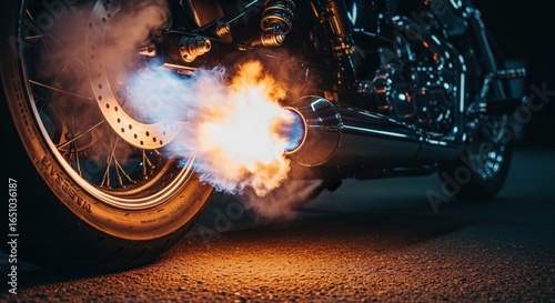 Custom motorcycle exhaust backfiring with hot blue flames on a dark asphalt road at night