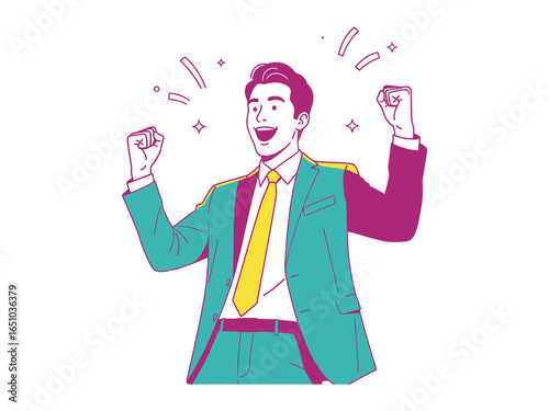 Triumphant Moment in Business: A stylized illustration captures a successful professional in a celebratory pose, his animated expression embodying success and accomplishment. 