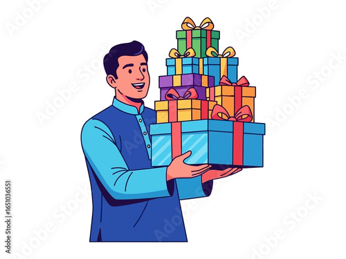 Man With Gift: A smiling man holds a tower of colorful gift boxes, embodying the spirit of generosity and celebration with a delightful presentation.