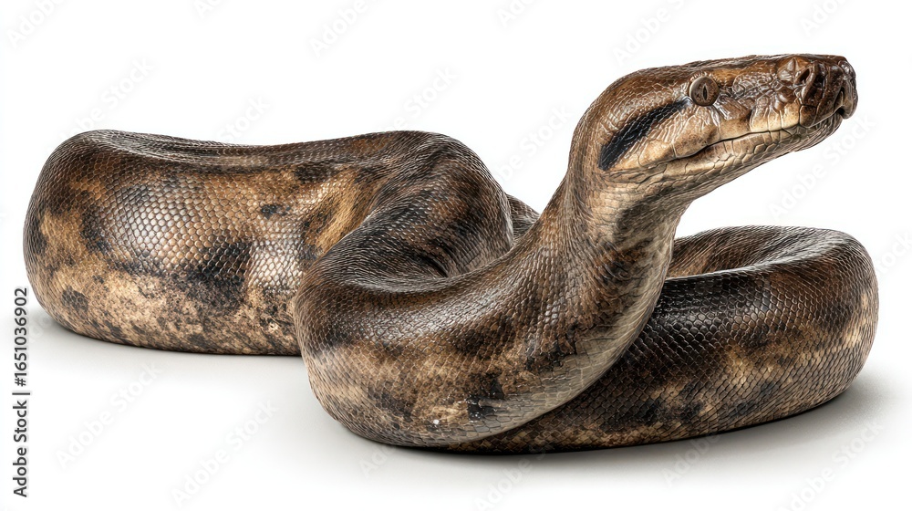 Obraz premium Brown snake coiled, showcasing scales with earthy tones on a clean white background