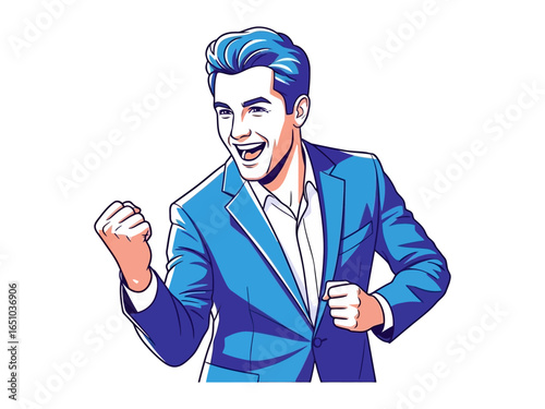 Victory Personified: A dynamic vector illustration captures the essence of jubilation, with a smiling man in a tailored suit, clenching a fist in a symbolic gesture of triumph and elation.