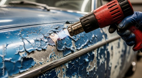 Removing old car paint with a heat gun a close up of a vehicle restoration process