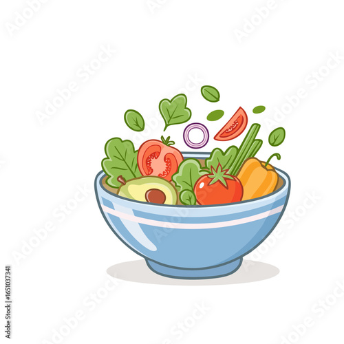 Modern flat vector illustration style of a fresh salad bowl with vegetables