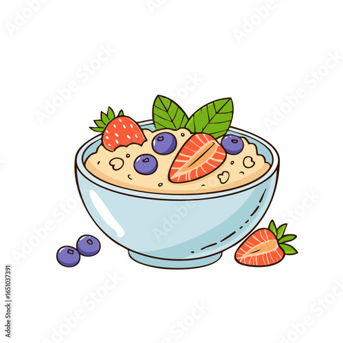 Modern flat vector illustration style of a healthy breakfast with oatmeal and berries