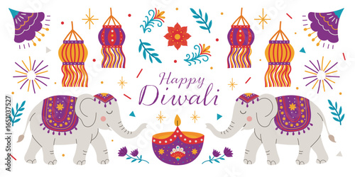 Happy Diwali festival illustration with cute elephants, traditional diya lamp, paper lantern, flowers and firework. Indian holiday greeting card design. Vector banner isolated on white background.