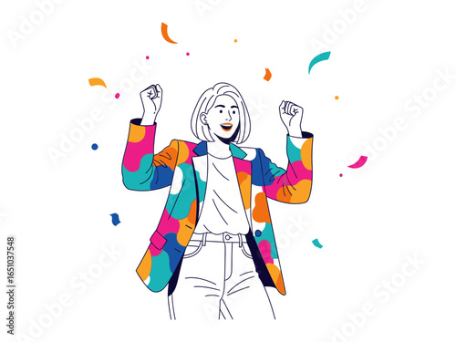 Celebration of Success: A person joyfully celebrates a milestone, surrounded by a flurry of confetti, embodying the essence of success and achievement.
