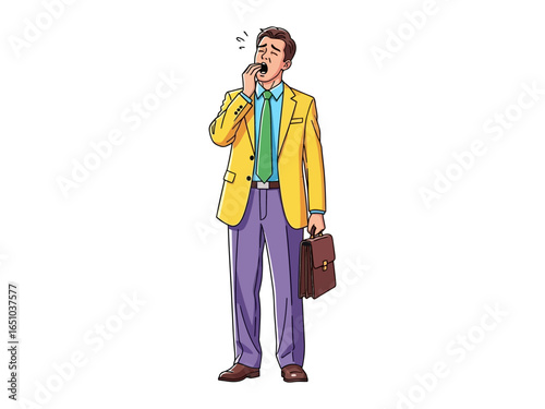 Tired Business Professional: A man in business attire yawns widely, a visual representation of fatigue and exhaustion in the professional world.