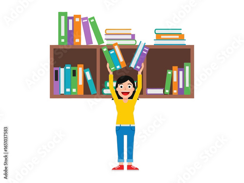 Book Lover's Literary Pursuit: A joyful individual, bathed in the light of learning, enthusiastically reaches for literary treasures displayed on a classic bookshelf.