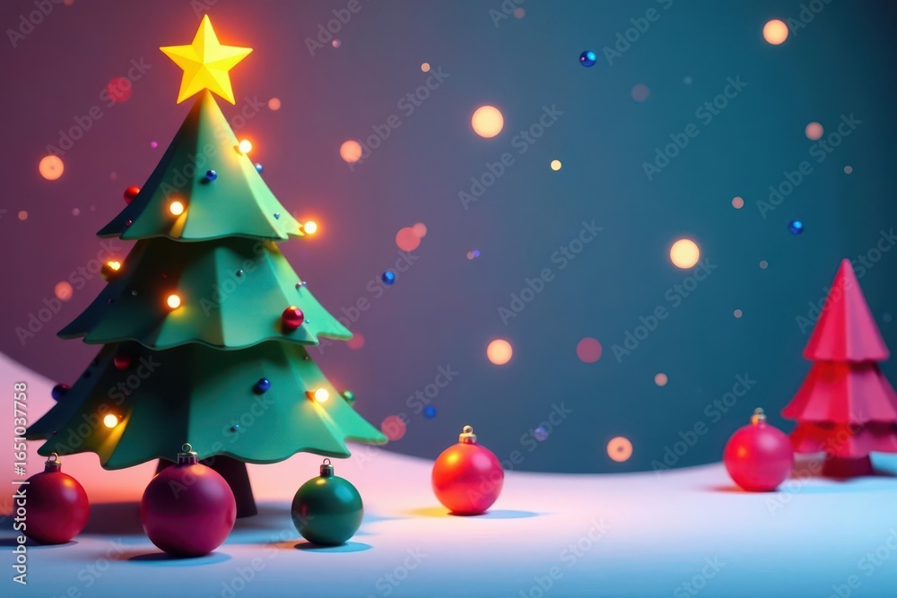 Fototapeta premium Low-poly festive scene with simplified Christmas tree and ornaments , pattern, blue, tree