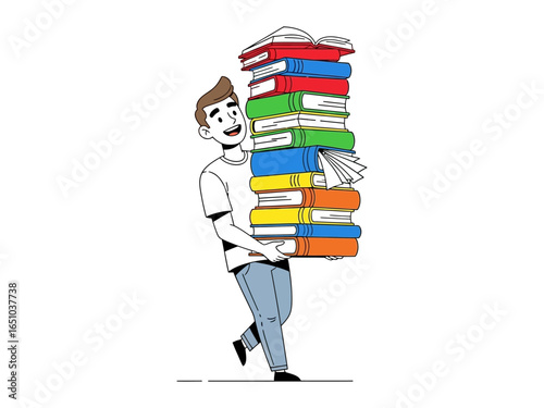 A Scholar's Journey: An enthusiastic young student carries a towering stack of colorful books, representing the pursuit of knowledge and the joy of learning.