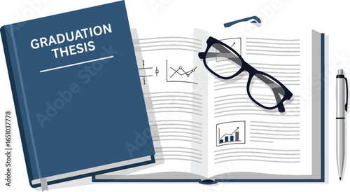 Illustration of a graduation thesis book, an open book with charts, glasses, and a pen.