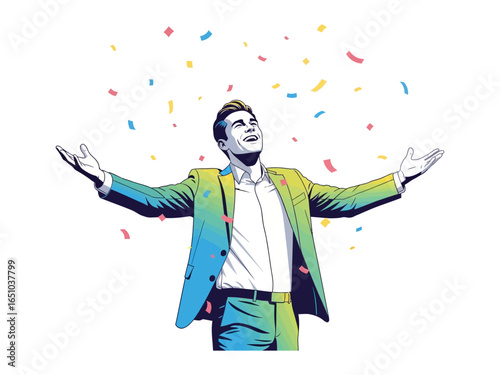 Celebration of Triumph: An animated man celebrates a moment of achievement as colorful confetti rains down around him, depicting joyful exultation.