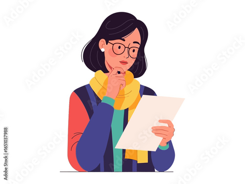 Thoughtful Lady in a Scenario: This illustration depicts a thoughtful lady, dressed in contemporary attire, engrossed in reviewing a document, her demeanor suggesting deep contemplation and focus. 