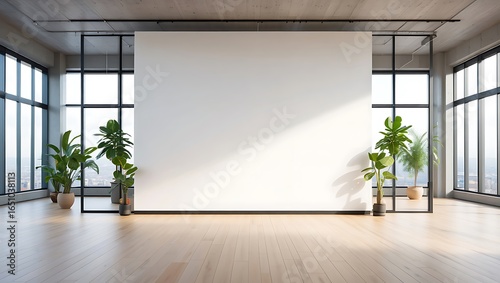 Modern loft interior with large windows, plants, and a blank white wall for copy space, bathed in natural sunlight