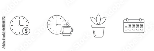 Office time, work schedule, coffee break, productivity planning, plant decoration, business calendar, daily routine icon vector illustration for workplace environment.