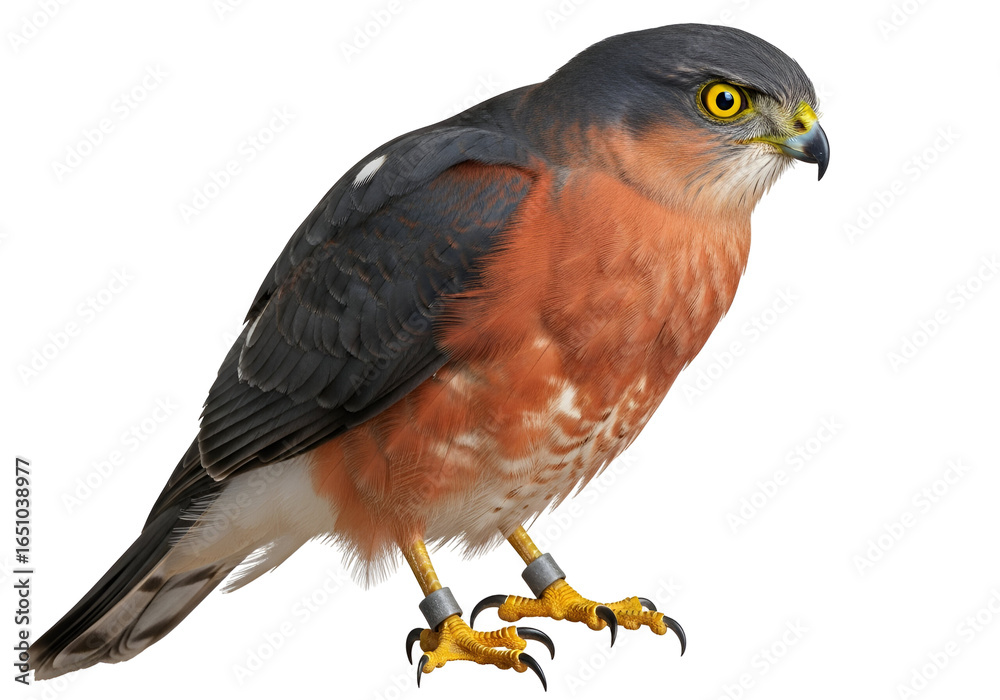 Fototapeta premium Close-up of a majestic hawk with vibrant plumage and piercing gaze isolated on black background