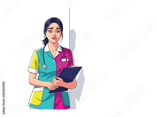 Tired Nurse: A nurse looks at the patient's history with a weary expression, portraying the weight of responsibility and exhaustion that comes with caring for patients.