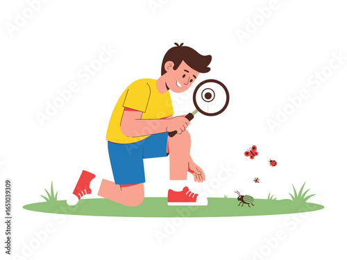Boy's bug discovery: An inquisitive young boy, armed with a magnifying glass, explores the world of insects, surrounded by blades of grass.