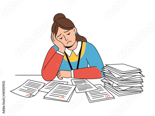 Tired from Work: A dejected worker slumped over a desk overflowing with paperwork, conveying feelings of exhaustion and stress in a relatable moment.