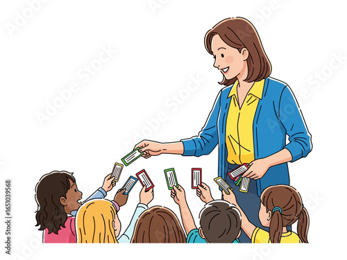 Digital distribution of cards: A group of children eagerly receive a colorful array of cards from a teacher. The scene is a captivating representation of exchange and interaction. 